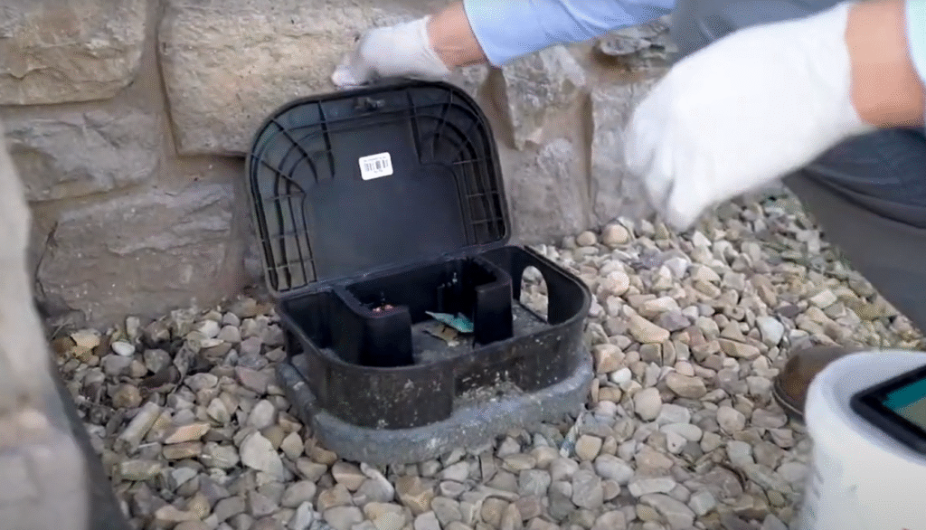 A professional placing bait in a rodent control box outside a home – Rodent Control in Baltimore.